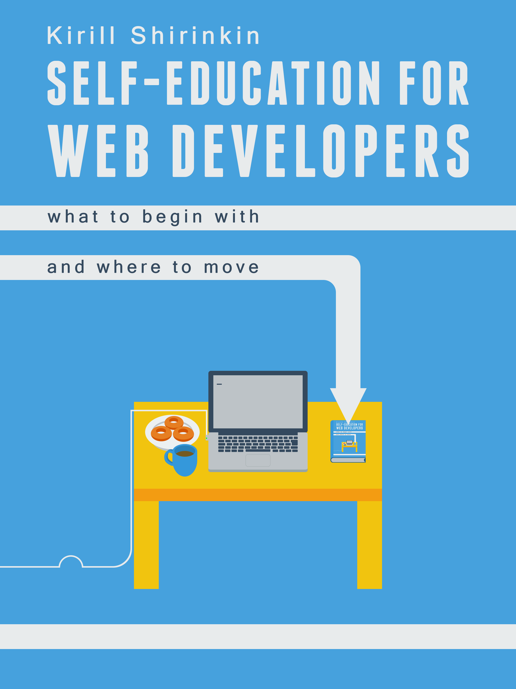 Book cover titled 'Self-Education for Web Developers' showing a laptop, donuts, and coffee on a desk with arrows pointing to a smaller image of the same book.