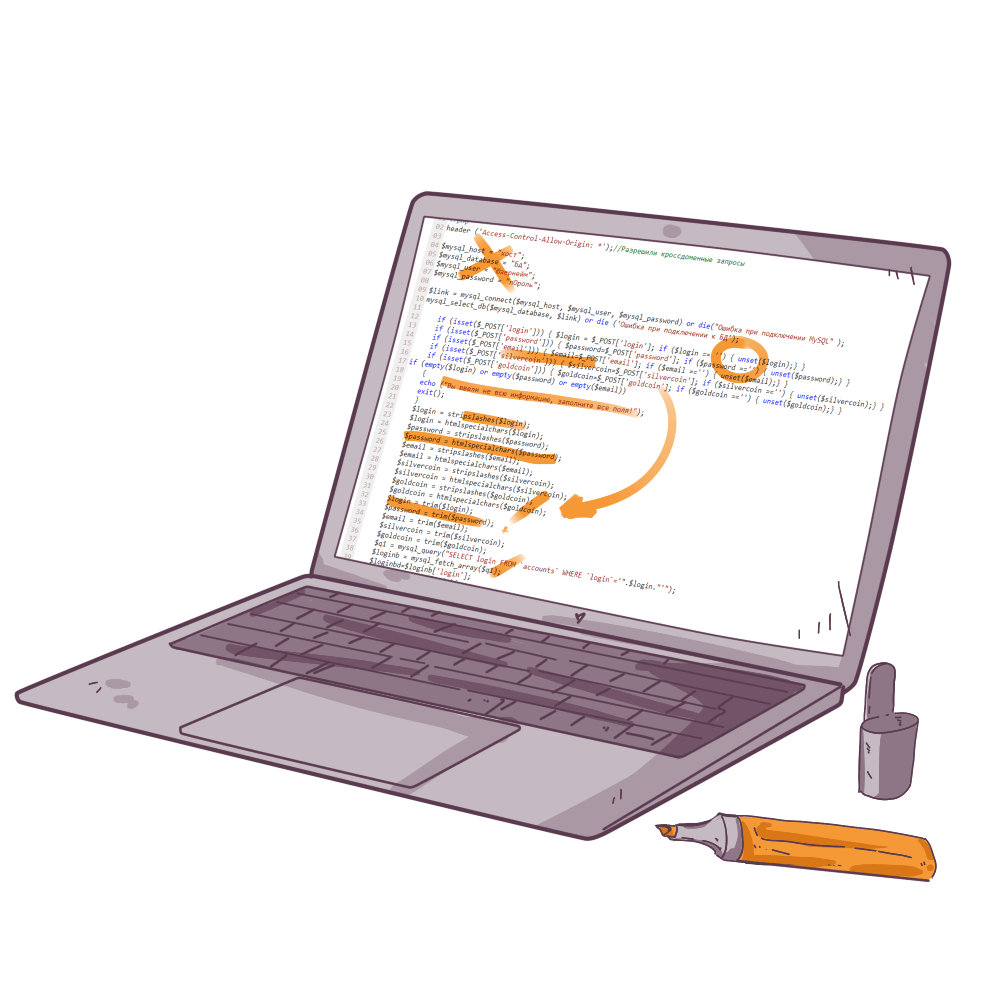 Line drawing showing split-screen view of a developer in two modes: freely writing code versus meticulously editing and refining it
